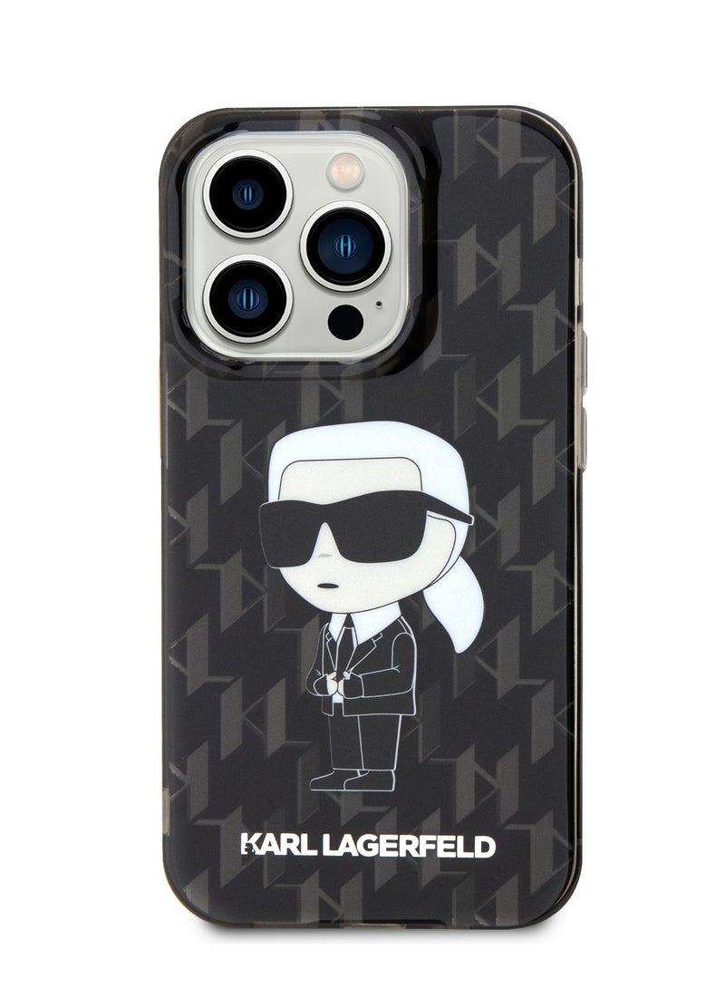 كارل لاغرفيلد جراب IML صلب لهاتف ايفون 16 برو ماكس مع شعار Ikonik / حماية من السقوط /حامي ممتص للصدمات /  تصميم نحيف / قبضة مريحة - أسود - Image 1