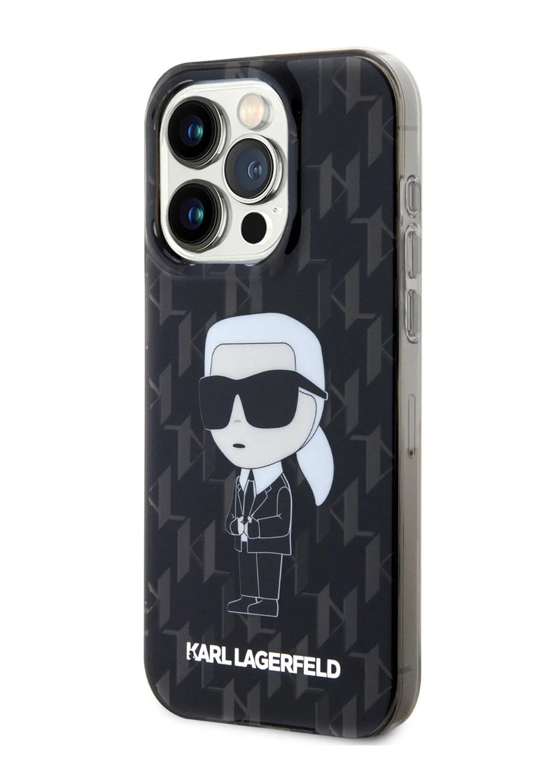 كارل لاغرفيلد جراب IML صلب لهاتف ايفون 16 برو ماكس مع شعار Ikonik / حماية من السقوط /حامي ممتص للصدمات /  تصميم نحيف / قبضة مريحة - أسود - Image 2