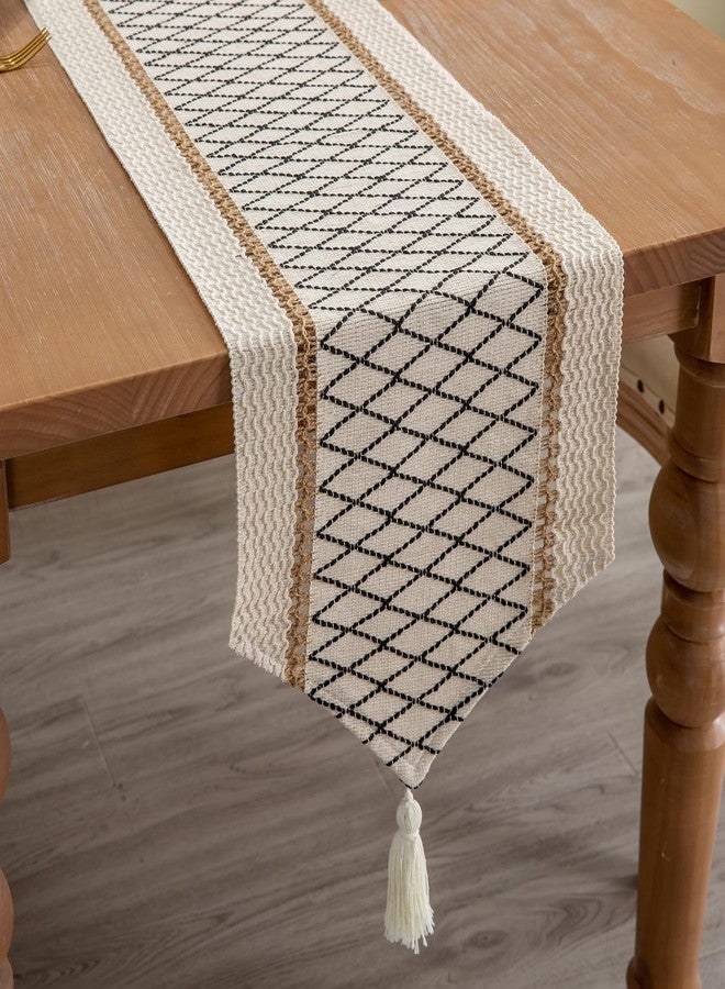 Mayler Yee Table Runner, Boho Style with Tassels, Cotton & Linen, Farmhouse Home Decor for Living Room Dresser Scarfs (12x36Inch, Black & Beige) - Image 1