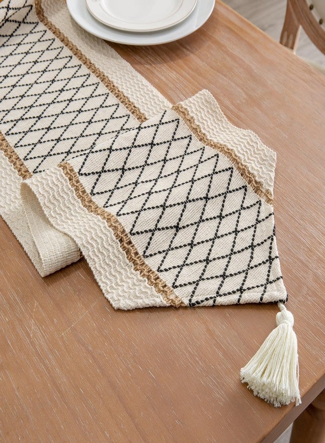 Mayler Yee Table Runner, Boho Style with Tassels, Cotton & Linen, Farmhouse Home Decor for Living Room Dresser Scarfs (12x36Inch, Black & Beige) - Image 2