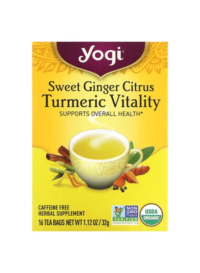 Yogi Tea, Sweet Ginger Citrus Turmeric Vitality, Caffeine Free, 16 Tea Bags, 1.12 oz (32 g)