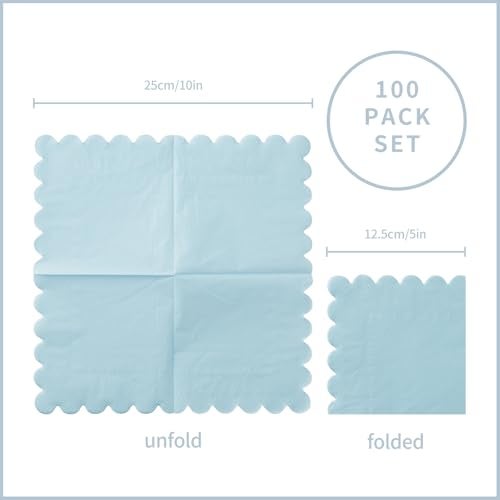 BEFORYOU 100 Pack Cocktail Napkin 2-Ply Scalloped Edged Dessert Napkins Folded 5 x 5 Inches Disposable Napkins for Dinner Wedding Birthday Party Bridal Anniversary Reception Event (Light Blue) - Image 2