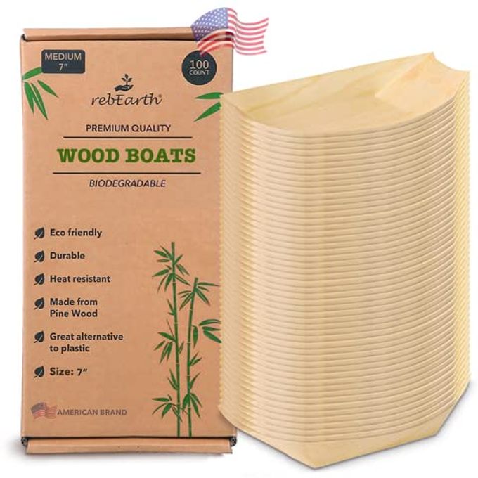 BAMBOO WOOD BOAT DISPOSABLE PLATES HEAT RESISTANT FOR APPETIZER MINI BOWLS SUSHI DESSERT BUFFET FINGER PARTY TO GO HORS DOEUVRES SERVING TRAY BULK CATERING SUPPLIES 100 COUNT LARGE SIZE 7