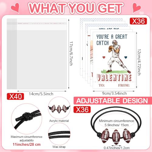 Equsion 36 Set Football Valentines Gift Cards and Bracelet for Kids Classroom Valentines Day Exchange Gift Adjustable Sports Bracelet for Boys Girls Party Favor Prizes Supplies - Image 5