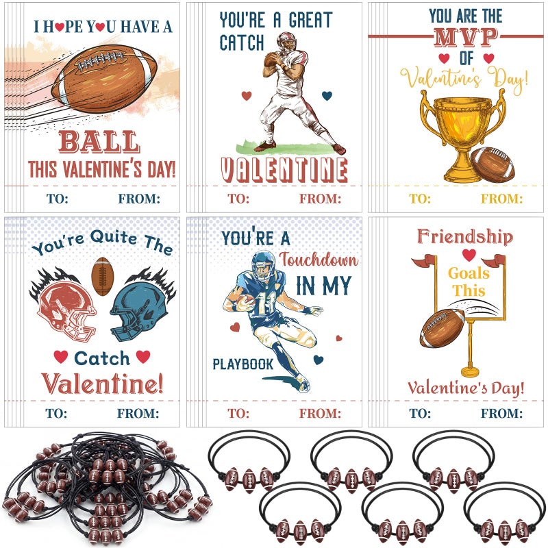 Equsion 36 Set Football Valentines Gift Cards and Bracelet for Kids Classroom Valentines Day Exchange Gift Adjustable Sports Bracelet for Boys Girls Party Favor Prizes Supplies - Image 3