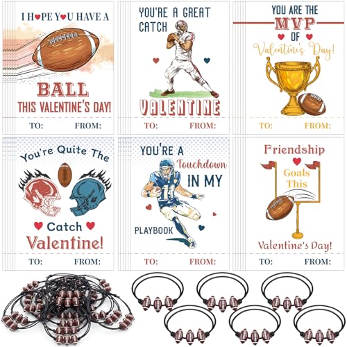Equsion 36 Set Football Valentines Gift Cards and Bracelet for Kids Classroom Valentines Day Exchange Gift Adjustable Sports Bracelet for Boys Girls Party Favor Prizes Supplies - Image 1