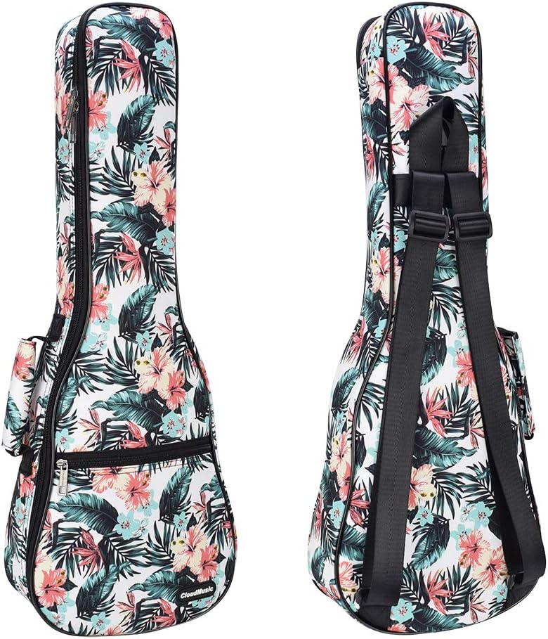 CLOUDMUSIC Ukulele Case Gig Bag Padded Backpack For Soprano 21" Inch(Soprano, Hawaii Hibiscus and Palm In White) - Image 1