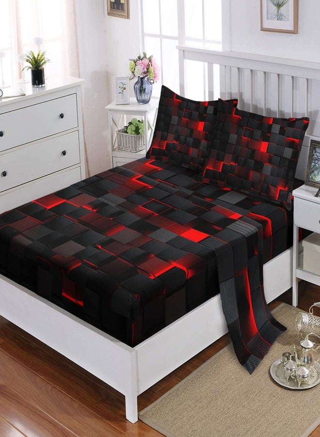 Nttopship Geometry 4 Pieces Bed Sheet Sets Queen Size,Red Black Bed Fitted Sheet Soft Bedding Sets with 16" Deep Pockets For Kids And Adults Bedroom Decor,Bedding Set 4 PCS(1 Fitted+1 Flat+2 Pillowcases) - Image 3