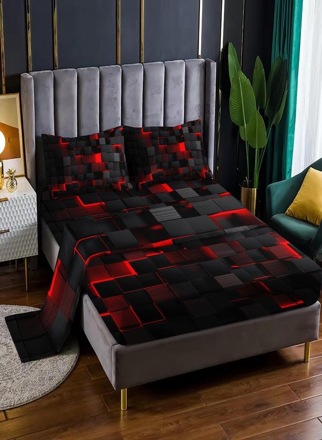Nttopship Geometry 4 Pieces Bed Sheet Sets Queen Size,Red Black Bed Fitted Sheet Soft Bedding Sets with 16" Deep Pockets For Kids And Adults Bedroom Decor,Bedding Set 4 PCS(1 Fitted+1 Flat+2 Pillowcases) - Image 1