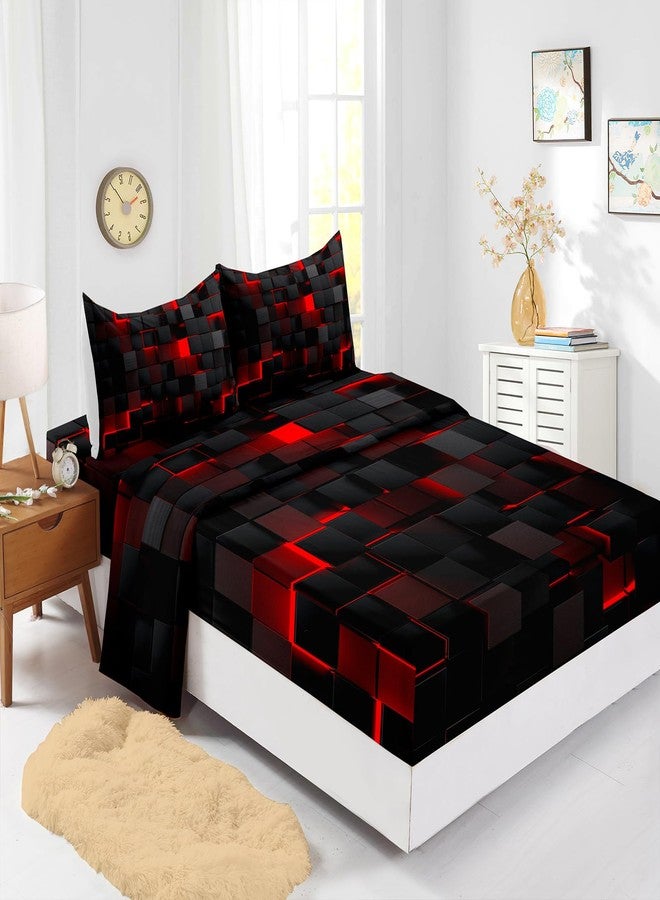 Nttopship Geometry 4 Pieces Bed Sheet Sets Queen Size,Red Black Bed Fitted Sheet Soft Bedding Sets with 16" Deep Pockets For Kids And Adults Bedroom Decor,Bedding Set 4 PCS(1 Fitted+1 Flat+2 Pillowcases) - Image 2