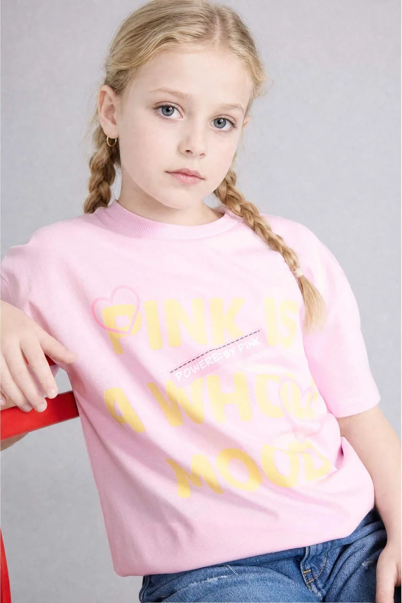ديفاكتو Girl Printed Crew Neck Short Sleeve T-Shirt