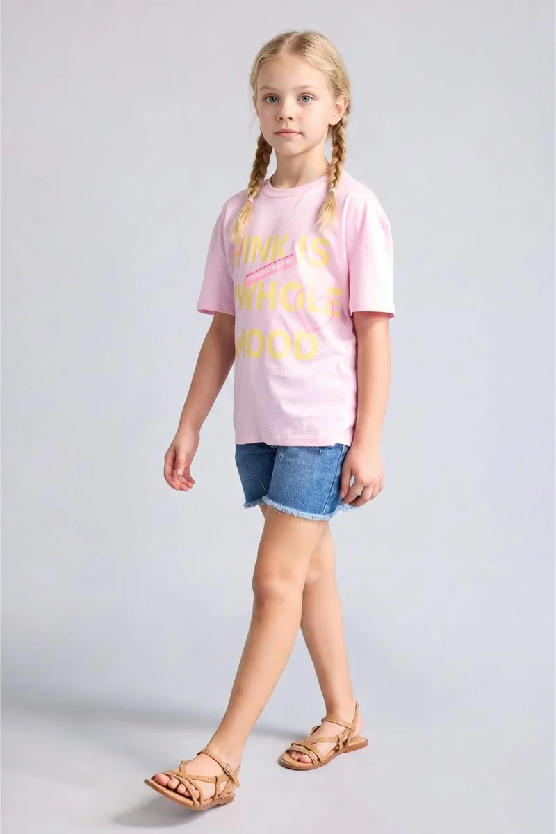 ديفاكتو Girl Printed Crew Neck Short Sleeve T-Shirt