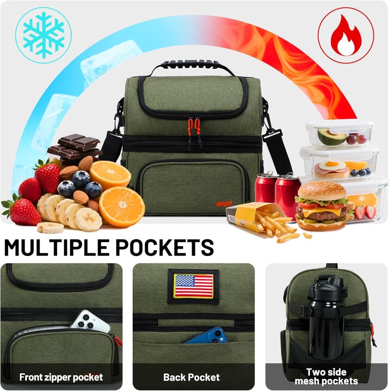 MIER Dual Compartment Lunch Bag Tote with Shoulder Strap for Men and Women Insulated Leakproof Cooler Bag, Army Green - Image 3
