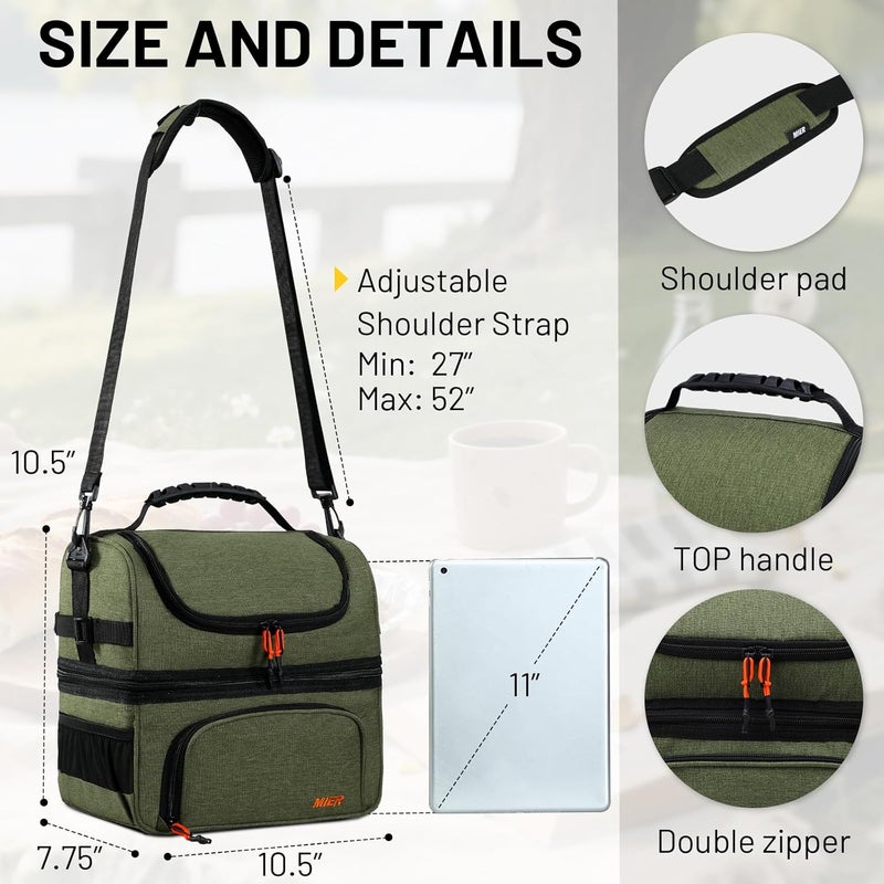 MIER Dual Compartment Lunch Bag Tote with Shoulder Strap for Men and Women Insulated Leakproof Cooler Bag, Army Green - Image 4