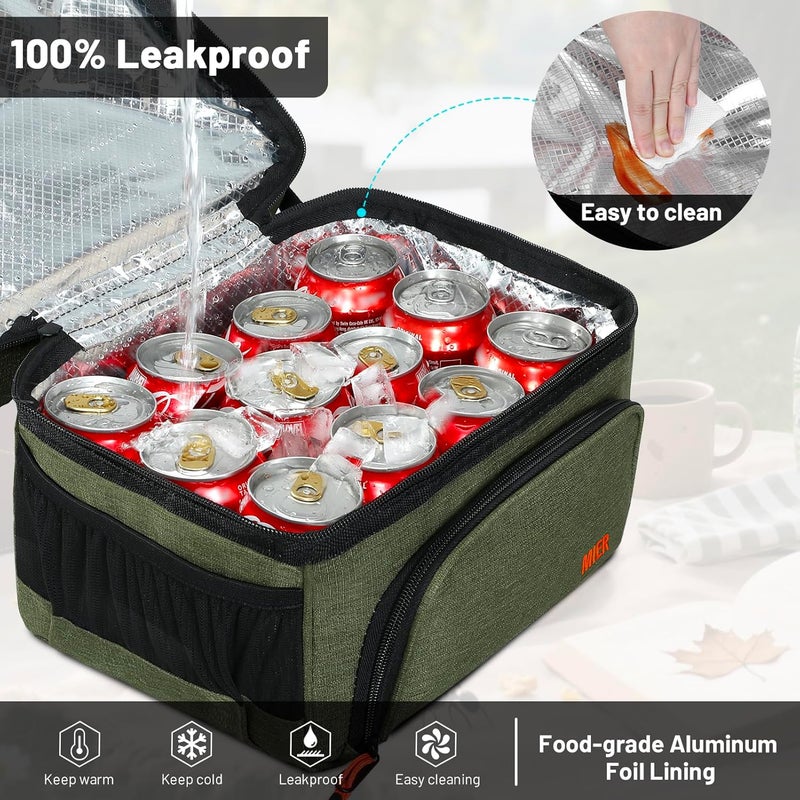 MIER Dual Compartment Lunch Bag Tote with Shoulder Strap for Men and Women Insulated Leakproof Cooler Bag, Army Green - Image 5