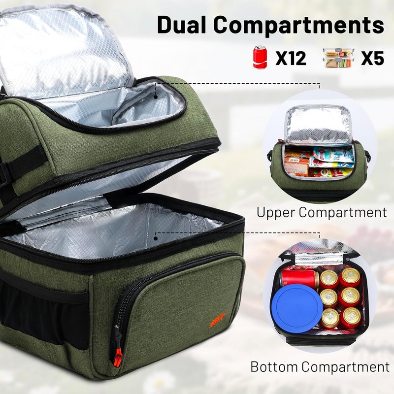 MIER Dual Compartment Lunch Bag Tote with Shoulder Strap for Men and Women Insulated Leakproof Cooler Bag, Army Green - Image 2
