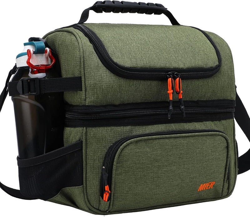 MIER Dual Compartment Lunch Bag Tote with Shoulder Strap for Men and Women Insulated Leakproof Cooler Bag, Army Green - Image 1