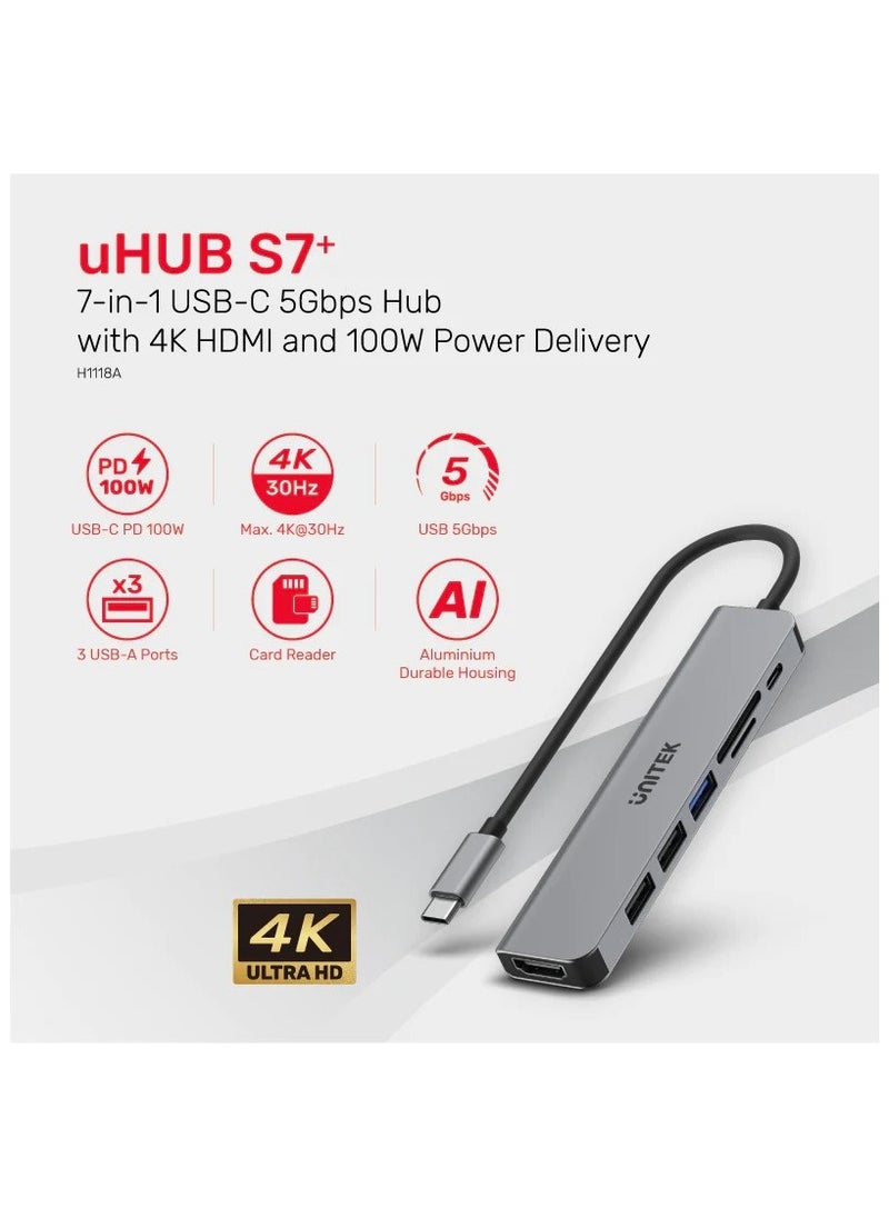 UNITEK - USB-C 5Gbps Hub 7-IN-1 with 4K HDMI and 100W Power Delivery - Image 1