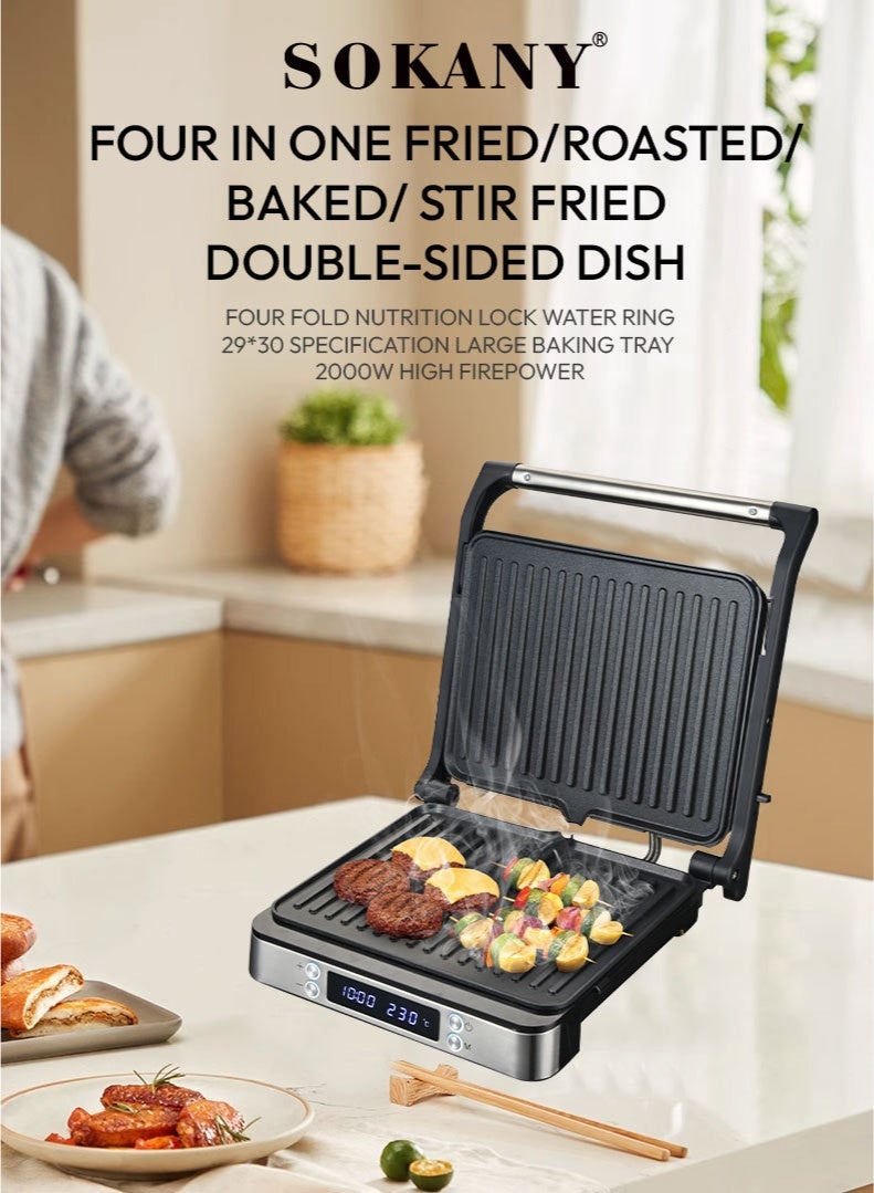 سوكاني شواية كهربائية، شواية بانيني ولحوم، لوح طهي غير لاصق بقوة 2000 واط مع شاشة عرض LED، صانعة سندويشات إفطار متعددة الوظائف، هيكل بارد الملمس، تحكم في درجة الحرارة من 90 إلى 180 درجة، مثالية لشواء السندويشات وشرائح اللحم والبرغر، SK-08116، أسود/فضي - Image 2