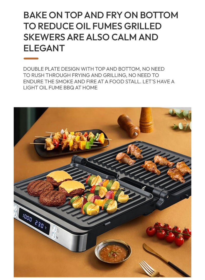 سوكاني شواية كهربائية، شواية بانيني ولحوم، لوح طهي غير لاصق بقوة 2000 واط مع شاشة عرض LED، صانعة سندويشات إفطار متعددة الوظائف، هيكل بارد الملمس، تحكم في درجة الحرارة من 90 إلى 180 درجة، مثالية لشواء السندويشات وشرائح اللحم والبرغر، SK-08116، أسود/فضي - Image 3