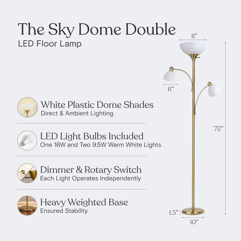 Brightech Sky Dome Double LED Floor lamp, Torchiere Super Bright Floor Lamp with 2 Reading Lamps for Living Rooms & Offices - Dimmable Tall Standing Lamp for Bedroom Reading - Tall Brass Pole - Image 3