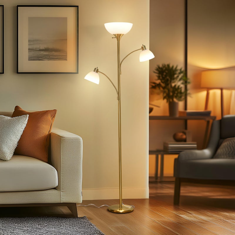 Brightech Sky Dome Double LED Floor lamp, Torchiere Super Bright Floor Lamp with 2 Reading Lamps for Living Rooms & Offices - Dimmable Tall Standing Lamp for Bedroom Reading - Tall Brass Pole - Image 2