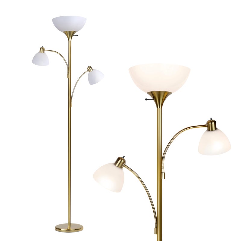 Brightech Sky Dome Double LED Floor lamp, Torchiere Super Bright Floor Lamp with 2 Reading Lamps for Living Rooms & Offices - Dimmable Tall Standing Lamp for Bedroom Reading - Tall Brass Pole - Image 1