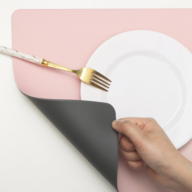 HeloHo Faux Leather Placemats HeloHo Pink and Grey Table Place Mats Set of 4 Waterproof Oilproof Heat Stain Resistant Washable Wipeable Placemat for Kitchen Dining Table Decoration Indoor Outdoor - Image 2
