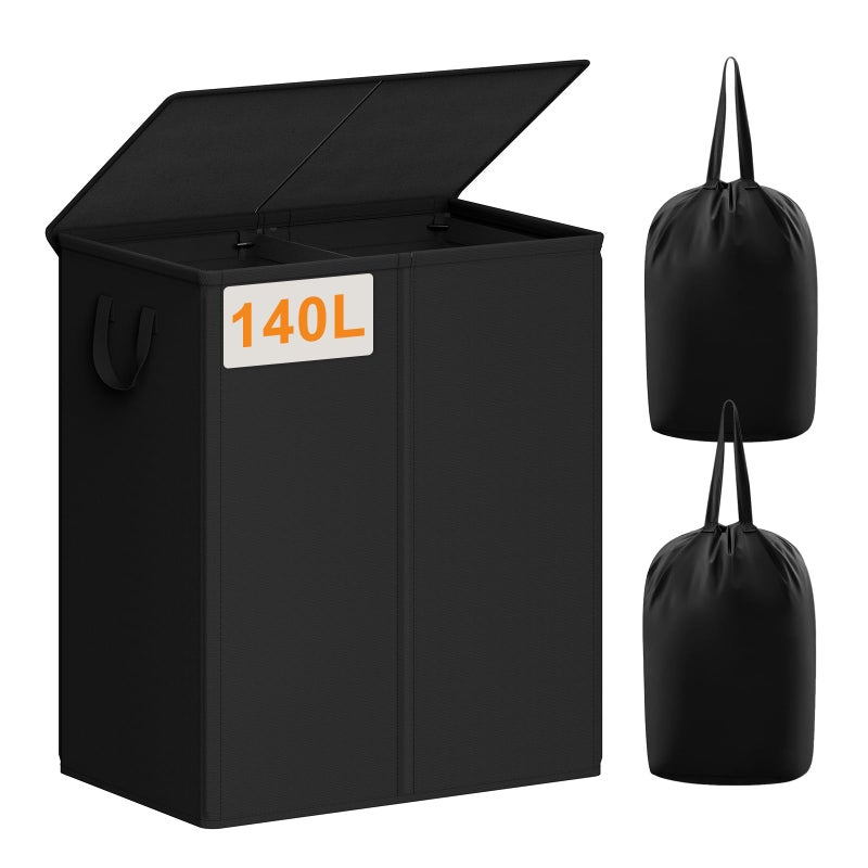 Chrislley 140L Laundry Hamper 2 Section, Double Laundry Basket with Lid, Large Dirty Clothes Hamper with Removable Liner Bags, Collapsible Laundry Organizer for Bedroom, Dorm,Black - Image 1