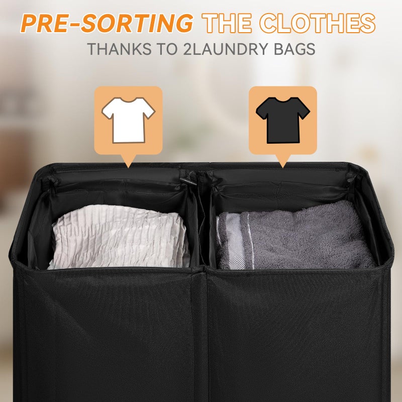 Chrislley 140L Laundry Hamper 2 Section, Double Laundry Basket with Lid, Large Dirty Clothes Hamper with Removable Liner Bags, Collapsible Laundry Organizer for Bedroom, Dorm,Black - Image 4