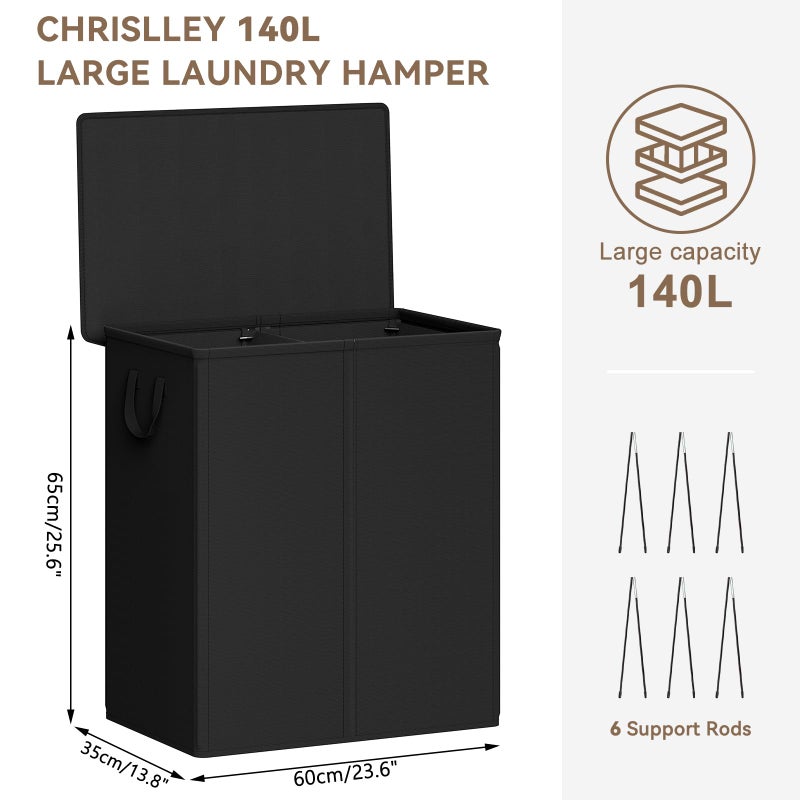 Chrislley 140L Laundry Hamper 2 Section, Double Laundry Basket with Lid, Large Dirty Clothes Hamper with Removable Liner Bags, Collapsible Laundry Organizer for Bedroom, Dorm,Black - Image 2