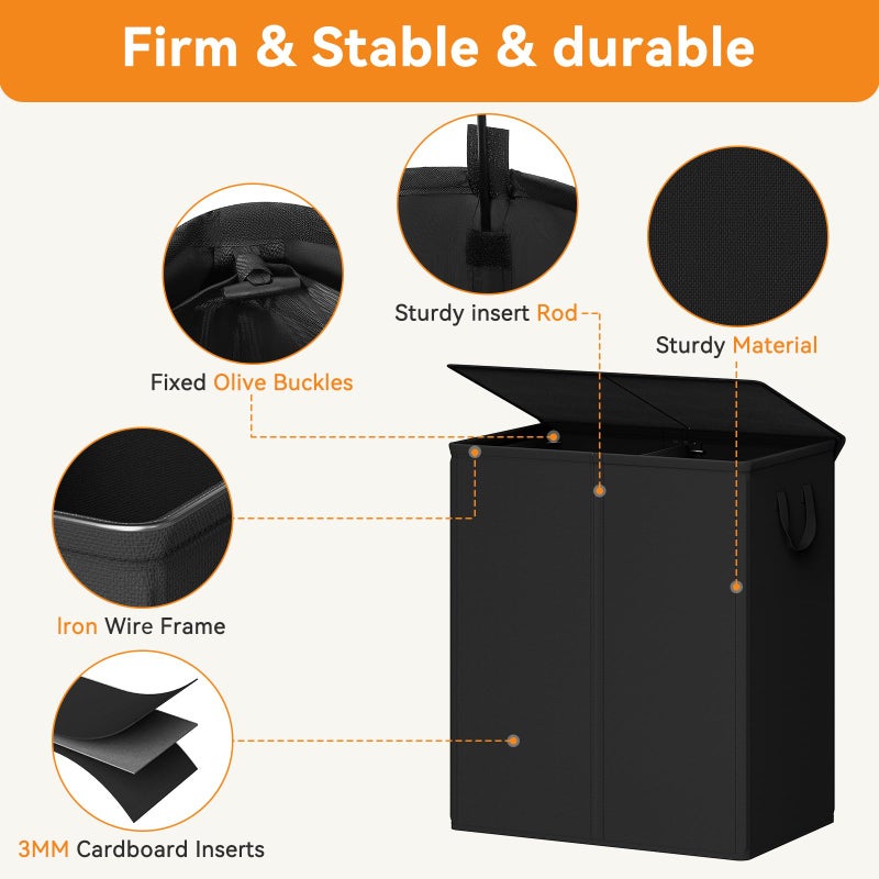 Chrislley 140L Laundry Hamper 2 Section, Double Laundry Basket with Lid, Large Dirty Clothes Hamper with Removable Liner Bags, Collapsible Laundry Organizer for Bedroom, Dorm,Black - Image 3