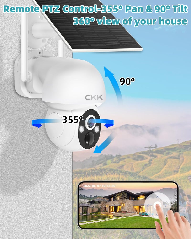 CKK 2.5K 4pcs Solar Security Camera System Wireless Outdoor with 128GB Card,360PTZ, PIR Motion Detection, Color Night Vision, 2-Way Talk, IP66 Waterproof, Audible & Floodlight Alarm for Home and Yard - Image 3