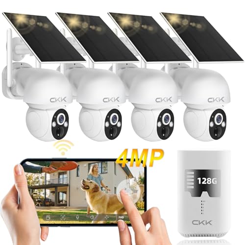 CKK 2.5K 4pcs Solar Security Camera System Wireless Outdoor with 128GB Card,360PTZ, PIR Motion Detection, Color Night Vision, 2-Way Talk, IP66 Waterproof, Audible & Floodlight Alarm for Home and Yard - Image 1
