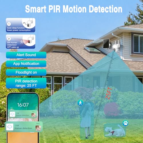 CKK 2.5K 4pcs Solar Security Camera System Wireless Outdoor with 128GB Card,360PTZ, PIR Motion Detection, Color Night Vision, 2-Way Talk, IP66 Waterproof, Audible & Floodlight Alarm for Home and Yard - Image 4
