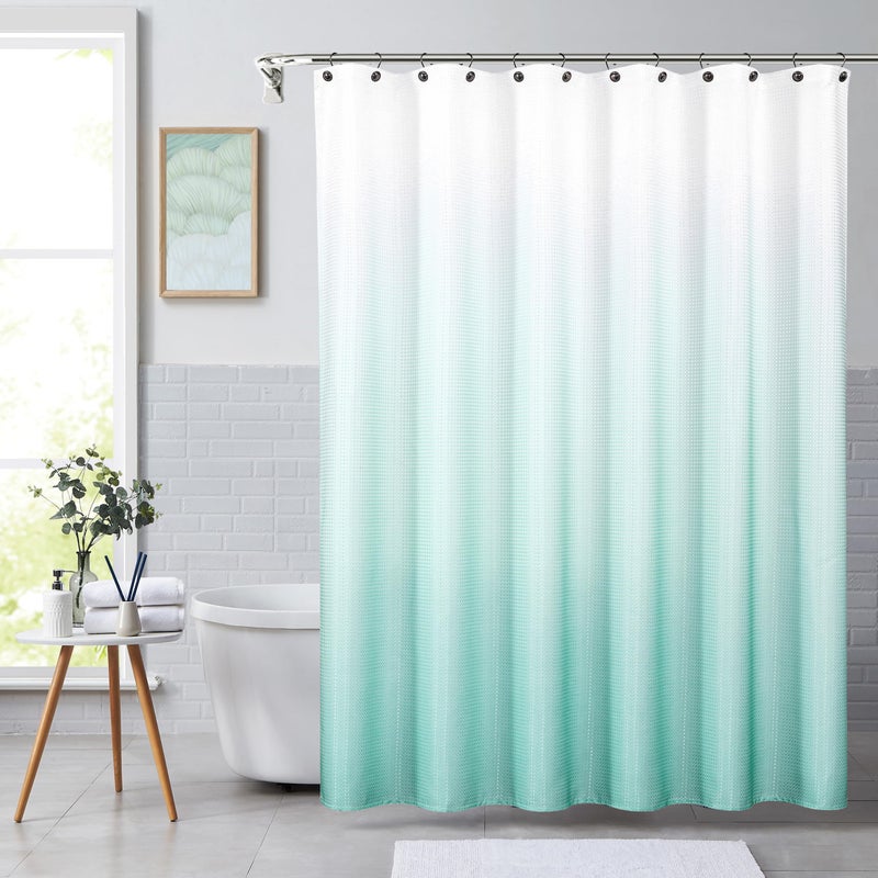 Aqua White Gradient Waffle Weave Shower Curtain Water Resistant Ombre Print Bathroom Spa Hotel Decorative Fabric Shower Curtain Liner with 12 GrommetsCream WhiteAqua 70x72
