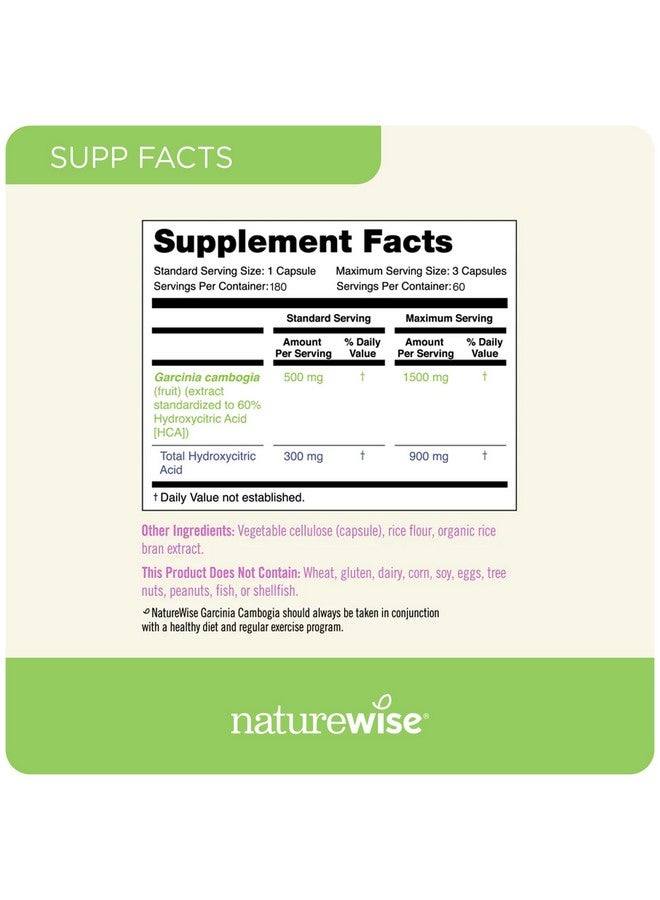 Naturewise Garcinia Cambogia - 60% HCA Concentration Extract, Natural Support for Weight Goals and Energy Levels - Vegan, Non-GMO, Gluten Free - 180 Capsules[2-6 Month Supply] - Image 3