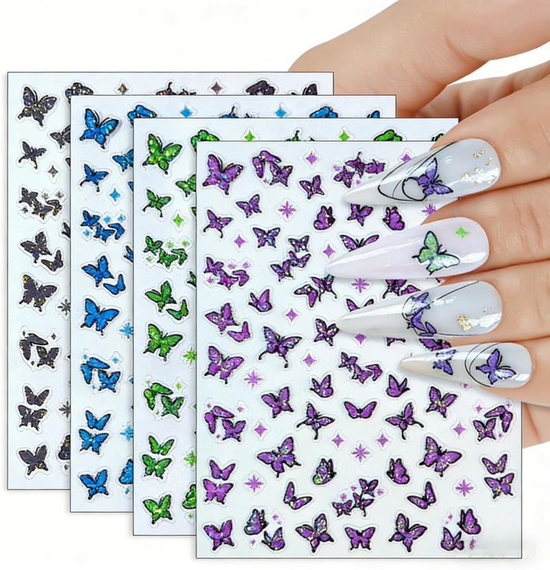 Sevgob 4Sheets Butterfly Nail Stickers 5D Embossed Purple Blue Green Black Nail Decals Animal Prints Nail Designs Spring Nails Supplies 3D Self-Adhesive Cute Nails Stickers Decals for Women DIY Manicure - Image 1