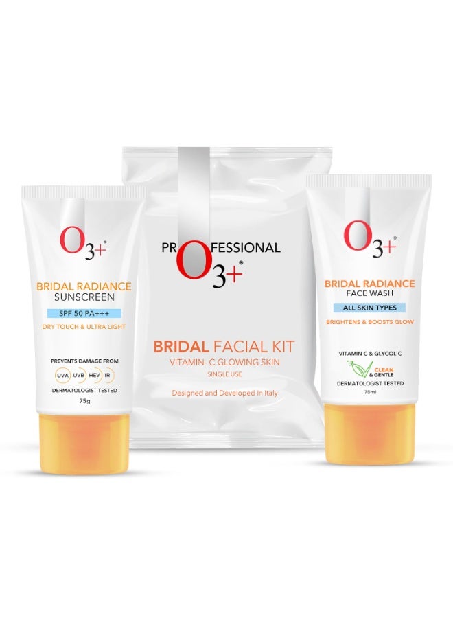 O3+ Radiance Skincare Combo With Bridal Facial Kit Vitamin C Glowing Skin 136g,Bridal Radiance Facewash 75g & Sunscreen 75g - Image 1
