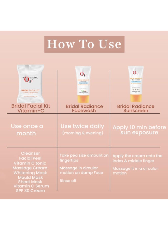 O3+ Radiance Skincare Combo With Bridal Facial Kit Vitamin C Glowing Skin 136g,Bridal Radiance Facewash 75g & Sunscreen 75g - Image 2