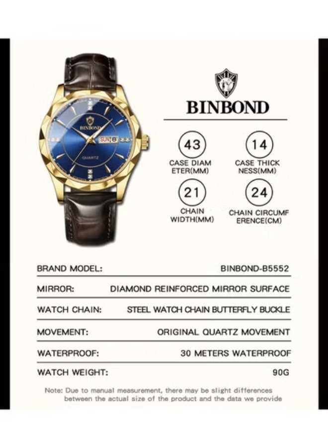 BINBOND Men's Luxury  Watch with Dual Calendar, Quartz Movement, 30M Waterproof - Image 3