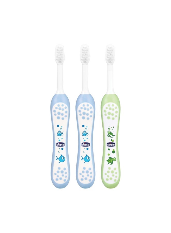 Chicco Toothbrush 6-36M- 3 Pack- Blue & Green, manual, kid - Image 1