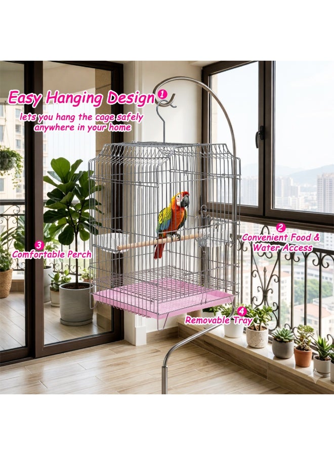 MAJIBAO Heavy-Duty Bird Cage with Hanging Hook, Durable Metal Wire, and Portable, 54 cm Parrot Cage with Perch, Feeding Cups, and Removable Tray, Indoor Bird House for Cockatiels and Small Birds (Silver) - Image 5