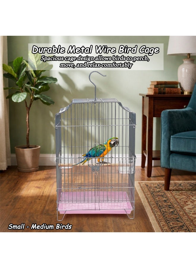 MAJIBAO Heavy-Duty Bird Cage with Hanging Hook, Durable Metal Wire, and Portable, 54 cm Parrot Cage with Perch, Feeding Cups, and Removable Tray, Indoor Bird House for Cockatiels and Small Birds (Silver) - Image 4