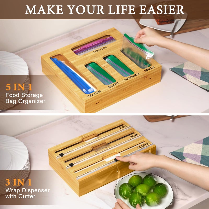 NIKUY 9 IN 1 Bamboo Foil and Plastic Wrap Organizer for Kitchen Drawer, Plastic Bag Organizer Organization and Storage, Food Storage Bag Organizer with Labels for Quart Gallon Snack Sandwich Bag - Image 5