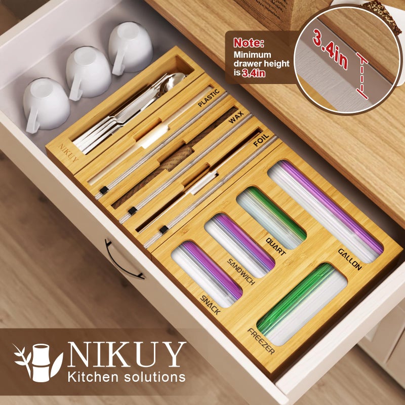 NIKUY 9 IN 1 Bamboo Foil and Plastic Wrap Organizer for Kitchen Drawer, Plastic Bag Organizer Organization and Storage, Food Storage Bag Organizer with Labels for Quart Gallon Snack Sandwich Bag - Image 3