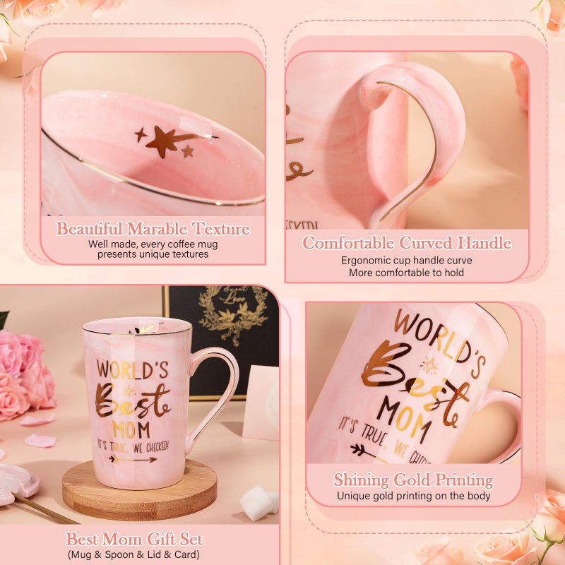 ALBISS Mothers Day Birthday Gifts for Mom from Daughter Son - 14Oz Funny Best Mom Mug with Gold Print, Unique Pink Marble Coffee Cup with Lid Spoon Greeting Card, Happy Moms Gifts Idea, Luxury Gift Boxed Set - Image 4