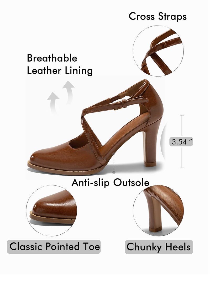 Coutgo Womens Chunky High Heels Dress Shoes Closed Pointed Toe Cross Strap Buckle Pumps Vintage D'Orsay Party Shoes, Brown, Size 7.5 - Image 5