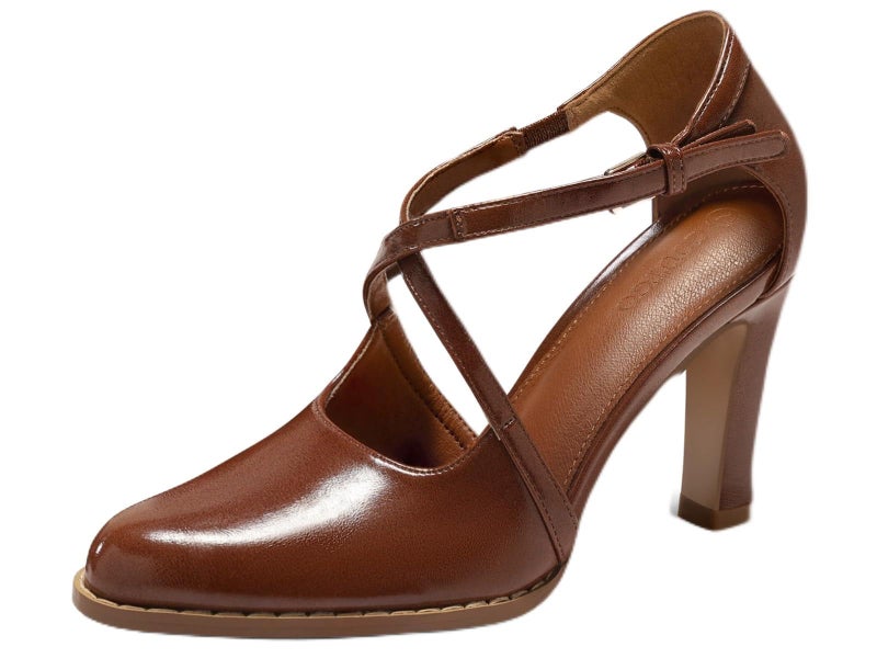 Coutgo Womens Chunky High Heels Dress Shoes Closed Pointed Toe Cross Strap Buckle Pumps Vintage D'Orsay Party Shoes, Brown, Size 7.5 - Image 1
