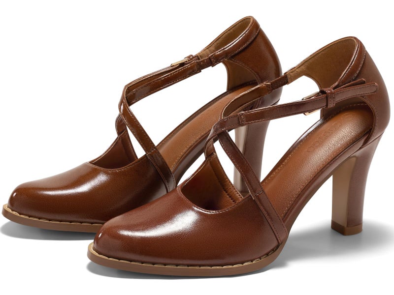 Coutgo Womens Chunky High Heels Dress Shoes Closed Pointed Toe Cross Strap Buckle Pumps Vintage D'Orsay Party Shoes, Brown, Size 7.5 - Image 4